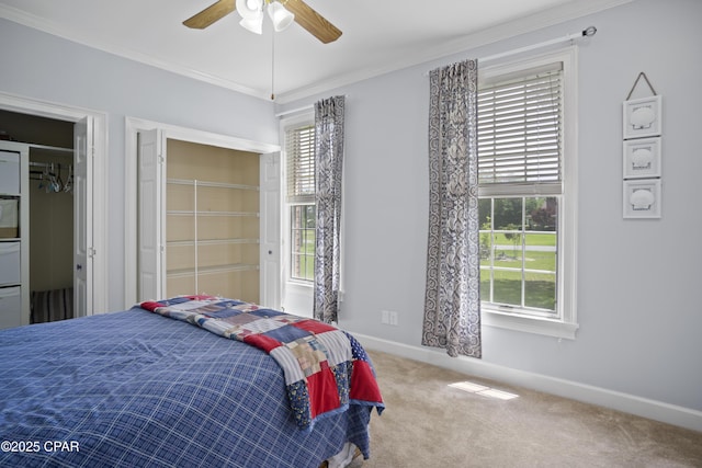 16532 SW Mimosa St, Blountstown, FL 32424 - bedroom featuring multiple windows, carpet, ornamental molding, baseboards, and ceiling fan
