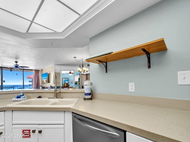 6505 Thomas Dr Unit 1009B, Panama City Beach, FL 32408 - kitchen with dishwasher, open shelves, a sink, white cabinets, and a ceiling fan