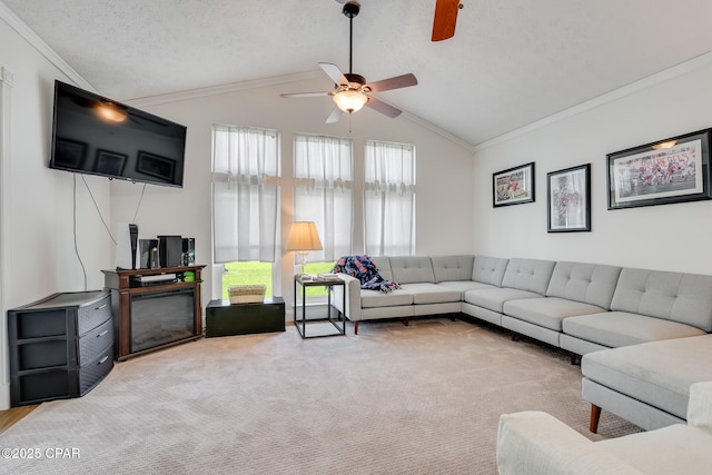 1402 New Hampshire Ave, Lynn Haven, FL 32444 - carpeted living area with lofted ceiling, a ceiling fan, and ornamental molding