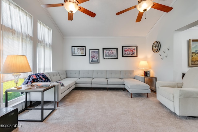 1402 New Hampshire Ave, Lynn Haven, FL 32444 - carpeted living room featuring lofted ceiling, ceiling fan, and crown molding