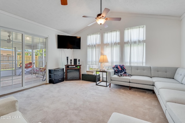 1402 New Hampshire Ave, Lynn Haven, FL 32444 - living room featuring a ceiling fan, vaulted ceiling, crown molding, carpet flooring, and a textured ceiling