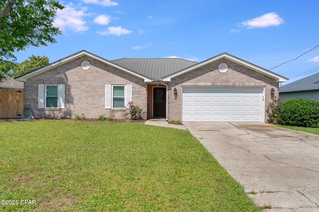 1402 New Hampshire Ave, Lynn Haven, FL 32444 - ranch-style house featuring brick siding, concrete driveway, a front lawn, an attached garage, and metal roof