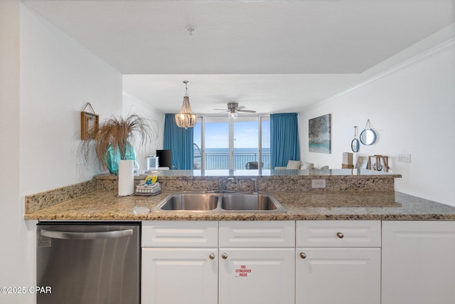 14701 Front Beach Rd Unit 1735, Panama City Beach, FL 32413 - kitchen with stainless steel dishwasher, a sink, white cabinetry, a ceiling fan, and crown molding