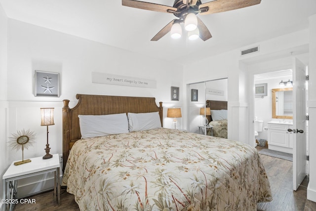 14701 Front Beach Rd Unit 1735, Panama City Beach, FL 32413 - bedroom with wood finished floors, a closet, ensuite bathroom, and ceiling fan