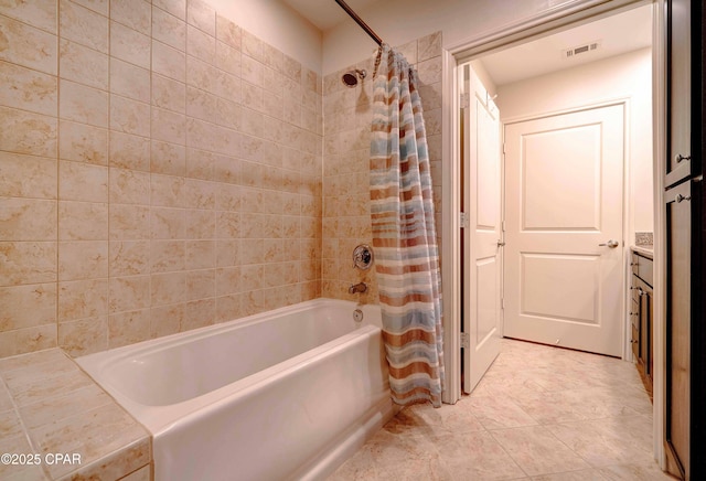 8700 Front Beach Rd Unit 7101, Panama City Beach, FL 32407 - bathroom featuring shower / tub combo with curtain, vanity, and tile patterned floors