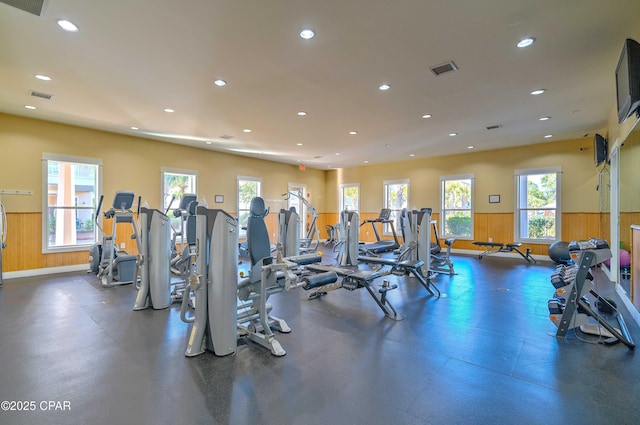 8700 Front Beach Rd Unit 7101, Panama City Beach, FL 32407 - gym with plenty of natural light, wainscoting, recessed lighting, wood walls, and baseboards