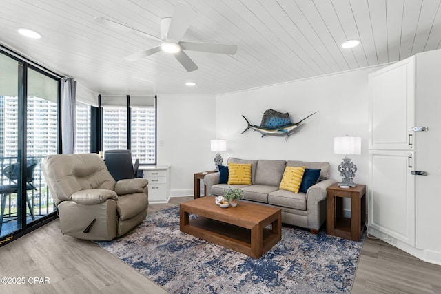 9850 S Thomas Dr Unit 1112E, Panama City Beach, FL 32408 - living room with wooden ceiling, ceiling fan, wood finished floors, and recessed lighting