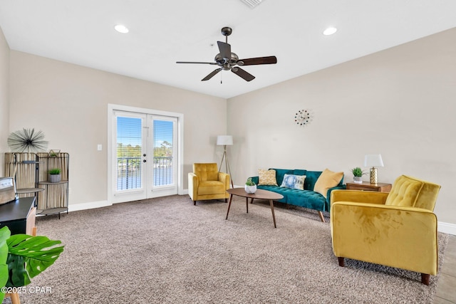 216 Bonita Cir Unit C, Panama City, FL 32408 - sitting room with french doors, ceiling fan, carpet, recessed lighting, and baseboards