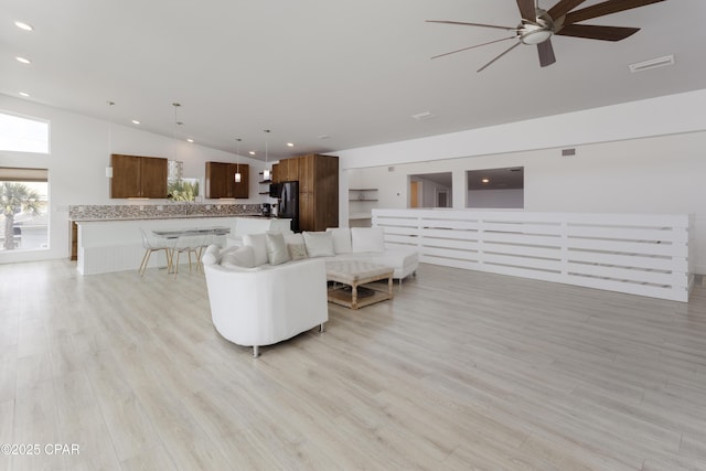 13826 Front Beach Rd, Panama City Beach, FL 32413 - living area featuring a ceiling fan, recessed lighting, light wood-style floors, and lofted ceiling
