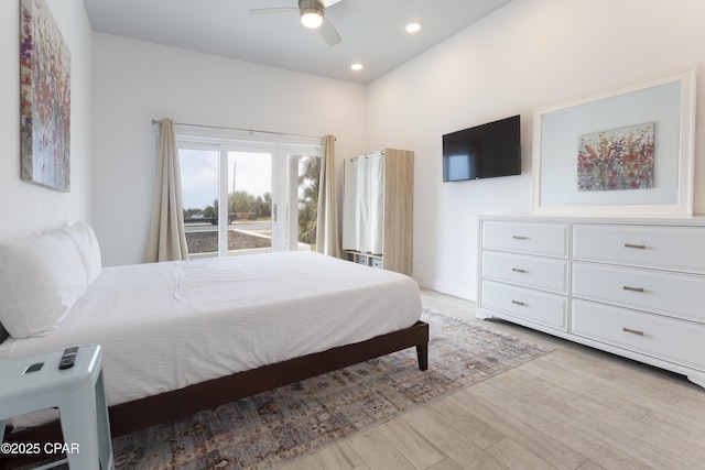 13826 Front Beach Rd, Panama City Beach, FL 32413 - bedroom with light wood-type flooring, recessed lighting, and a ceiling fan