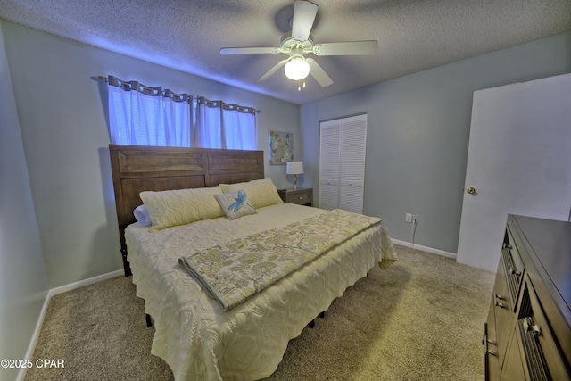 17620 Front Beach Rd Unit Y3, Panama City Beach, FL 32413 - bedroom with carpet floors, a closet, a textured ceiling, a ceiling fan, and baseboards