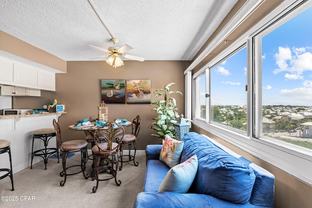 23223 Front Beach Rd Unit A509, Panama City Beach, FL 32413 - dining room featuring a textured ceiling, a ceiling fan, light carpet, and baseboards