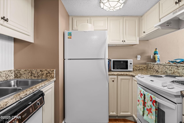 23223 Front Beach Rd Unit A509, Panama City Beach, FL 32413 - kitchen with white appliances, under cabinet range hood, and a textured ceiling