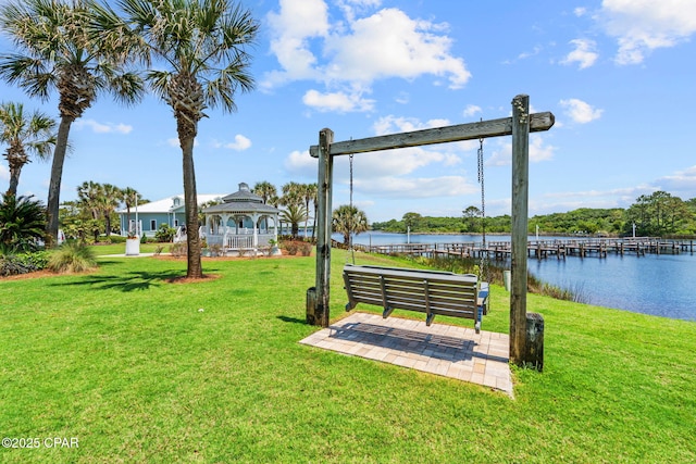 23223 Front Beach Rd Unit A509, Panama City Beach, FL 32413 - view of home's community with a gazebo, a water view, and a yard