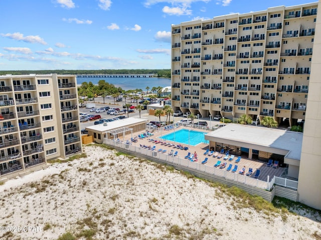 23223 Front Beach Rd Unit A509, Panama City Beach, FL 32413 - aerial view of apartment complex / building, a nearby body of water, and a pool area