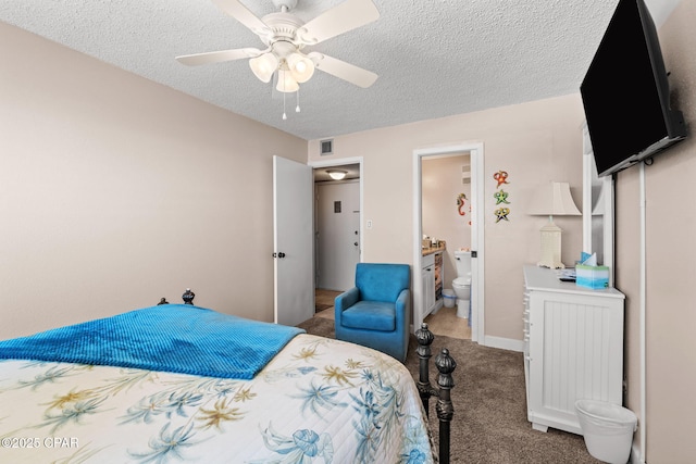 23223 Front Beach Rd Unit A509, Panama City Beach, FL 32413 - carpeted bedroom featuring a textured ceiling, ceiling fan, connected bathroom, and baseboards