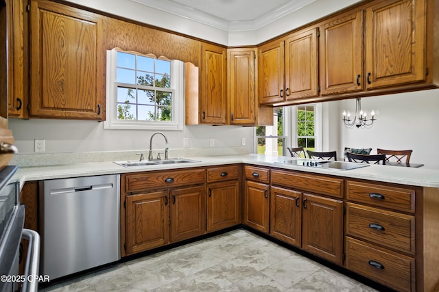 18562 Lois Fowler Rd, Blountstown, FL 32424 - kitchen featuring dishwasher, a sink, brown cabinetry, light countertops, and ornamental molding