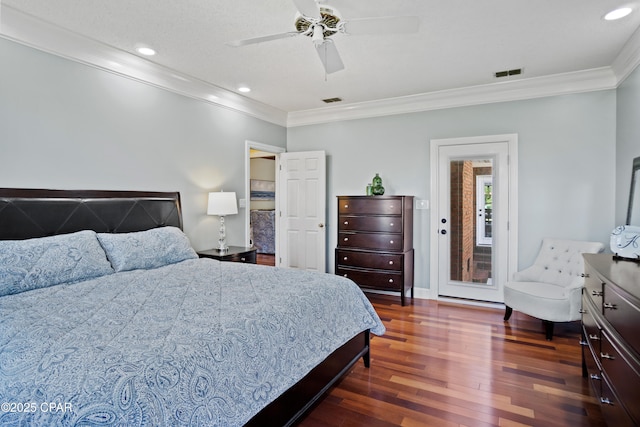 18562 Lois Fowler Rd, Blountstown, FL 32424 - bedroom with crown molding, dark wood finished floors, recessed lighting, and a ceiling fan