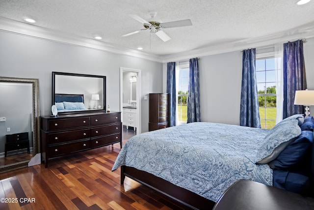 18562 Lois Fowler Rd, Blountstown, FL 32424 - bedroom with a textured ceiling, ornamental molding, wood finished floors, a ceiling fan, and recessed lighting