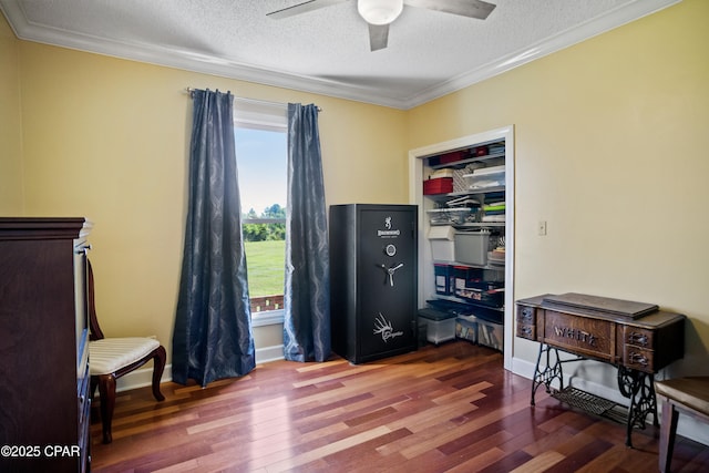 18562 Lois Fowler Rd, Blountstown, FL 32424 - living area with a ceiling fan, wood finished floors, a textured ceiling, and ornamental molding