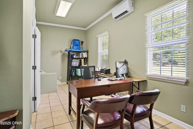 18562 Lois Fowler Rd, Blountstown, FL 32424 - office area featuring an AC wall unit, ornamental molding, light tile patterned floors, and baseboards