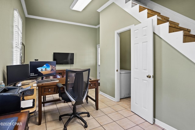 18562 Lois Fowler Rd, Blountstown, FL 32424 - home office with ornamental molding, light tile patterned floors, and baseboards