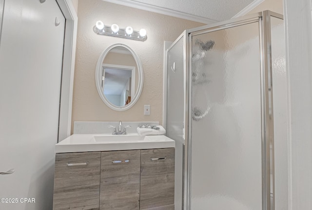 17620 Front Beach Rd Unit 2V, Panama City Beach, FL 32413 - bathroom with a shower stall, crown molding, vanity, and a textured ceiling