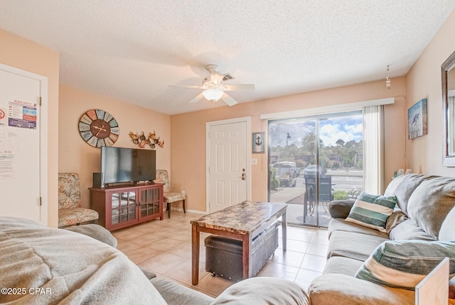 17620 Front Beach Rd Unit 2V, Panama City Beach, FL 32413 - living room with light tile patterned flooring, a ceiling fan, and a textured ceiling
