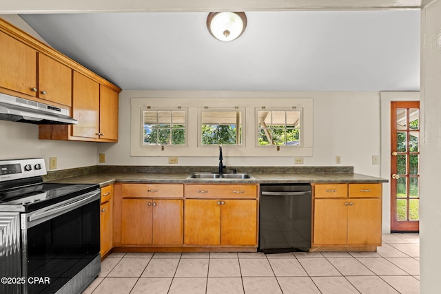 208 N E Ave, Panama City, FL 32401 - kitchen with electric stove, a sink, under cabinet range hood, dishwashing machine, and dark countertops
