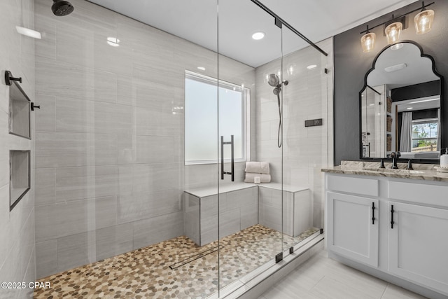 160 James Way, Southport, FL 32409 - full bathroom featuring a stall shower, vanity, and tile patterned flooring