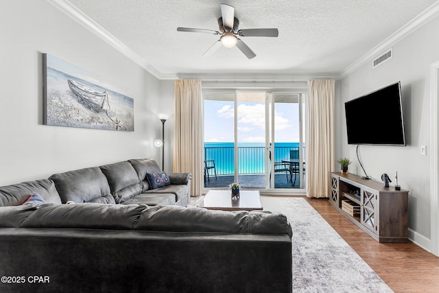 10519 Front Beach Rd Unit 1704B, Panama City Beach, FL 32407 - living room with a ceiling fan, a textured ceiling, wood finished floors, and crown molding
