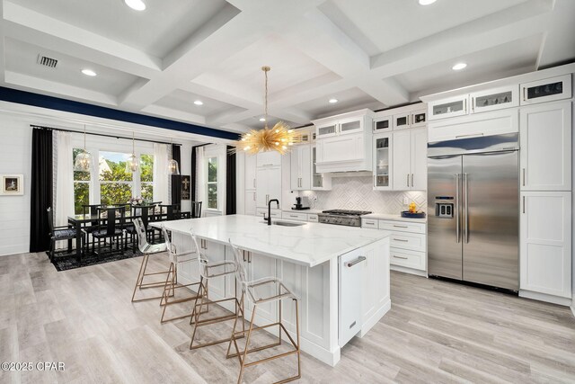 135 Buddy St, Santa Rosa Beach, FL 32459 - kitchen with built in fridge, a sink, coffered ceiling, white cabinets, and backsplash