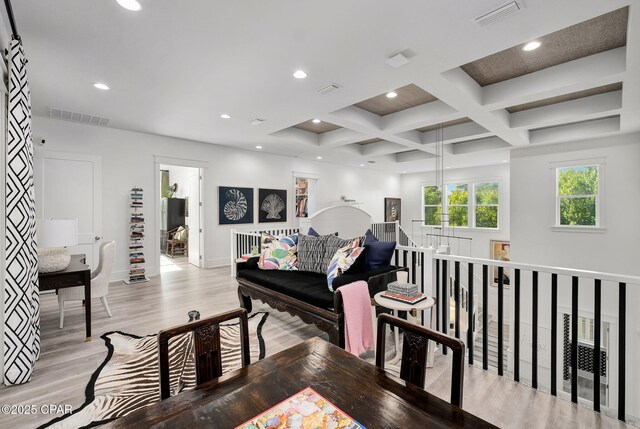 135 Buddy St, Santa Rosa Beach, FL 32459 - living area featuring light wood finished floors, beamed ceiling, baseboards, coffered ceiling, and recessed lighting