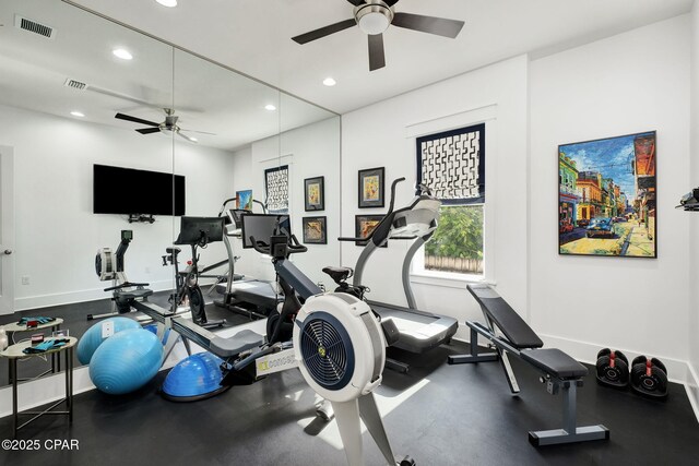 135 Buddy St, Santa Rosa Beach, FL 32459 - exercise room with a ceiling fan, recessed lighting, and baseboards