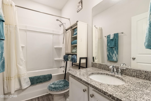 782 Cason Cir, Panama City, FL 32405 - bathroom with shower / bathtub combination with curtain, vanity, toilet, and wood finished floors