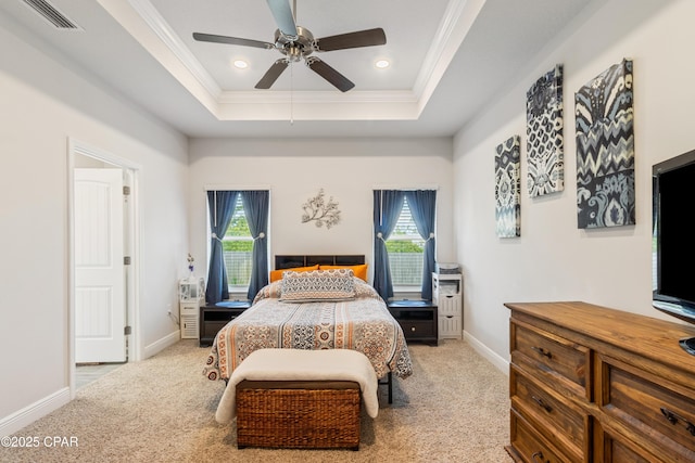 782 Cason Cir, Panama City, FL 32405 - bedroom with a raised ceiling, carpet flooring, crown molding, multiple windows, and recessed lighting