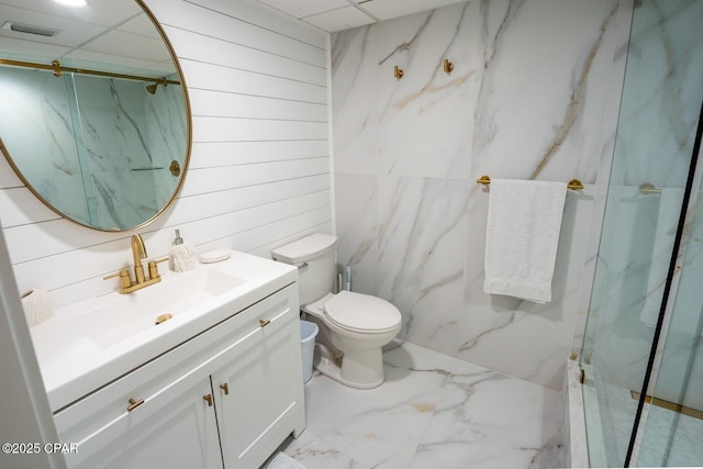 14701 Front Beach Rd Unit 1727, Panama City Beach, FL 32413 - full bath with marble finish flooring, vanity, a marble finish shower, toilet, and wooden walls