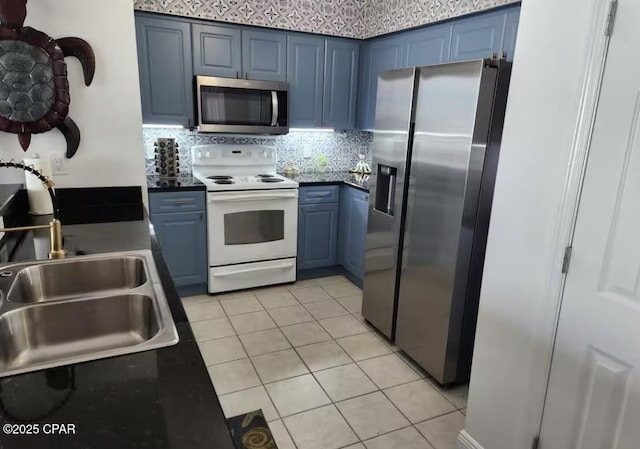 14701 Front Beach Rd Unit 1727, Panama City Beach, FL 32413 - kitchen featuring appliances with stainless steel finishes, blue cabinetry, a sink, light tile patterned floors, and backsplash