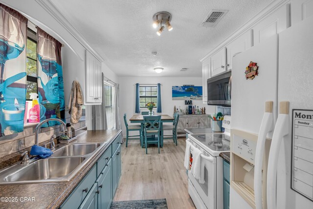 4331 Garrison Rd, Panama City, FL 32404 - kitchen with white appliances, a sink, a textured ceiling, blue cabinets, and white cabinetry