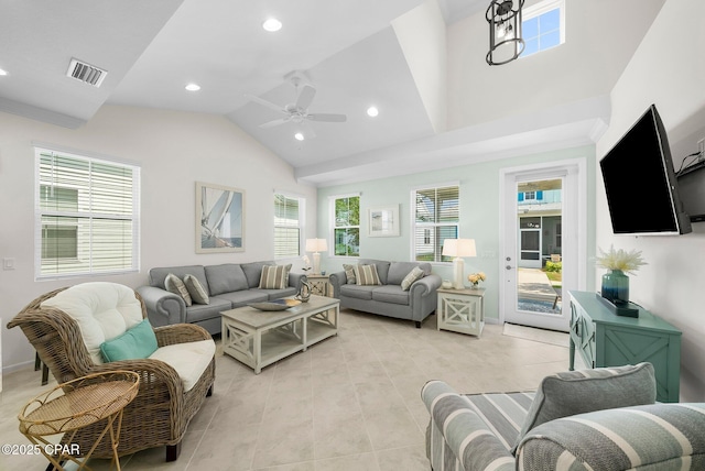 8636 Conch Shell Ct, Panama City Beach, FL 32413 - living room featuring ceiling fan, lofted ceiling, recessed lighting, and light tile patterned floors