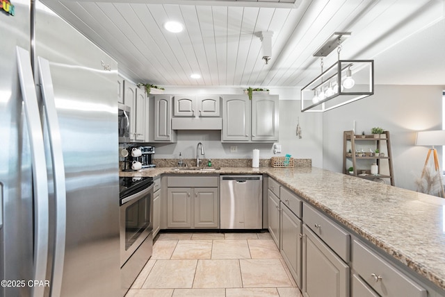 6201 Thomas Dr Unit 202, Panama City Beach, FL 32408 - kitchen with appliances with stainless steel finishes, gray cabinets, recessed lighting, a sink, and wooden ceiling