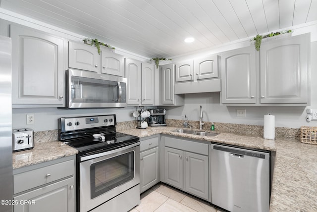 6201 Thomas Dr Unit 202, Panama City Beach, FL 32408 - kitchen with appliances with stainless steel finishes, a sink, gray cabinets, wooden ceiling, and light tile patterned floors