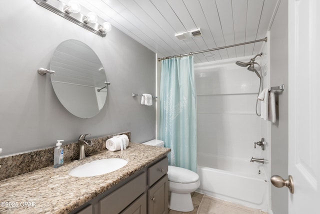 6201 Thomas Dr Unit 202, Panama City Beach, FL 32408 - bathroom with vanity, shower / bath combination with curtain, toilet, and wooden ceiling