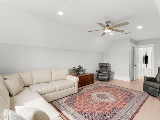 1507 Trout Ln, Panama City Beach, FL 32408 - living room with ceiling fan, recessed lighting, light wood-style floors, baseboards, and lofted ceiling