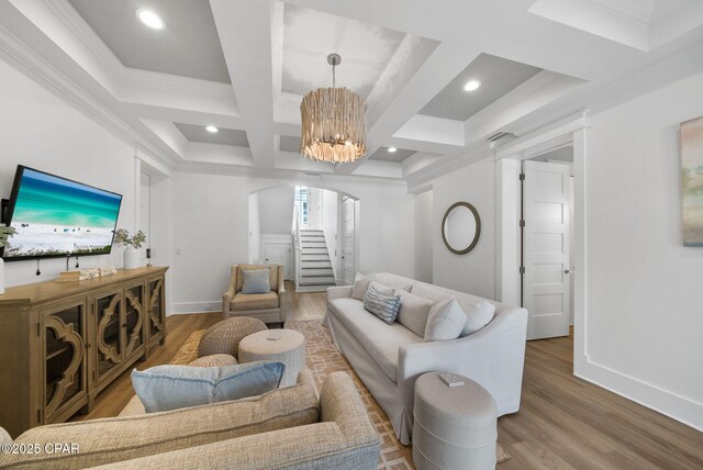 58 Hightide Way, Inlet Beach, FL 32413 - living area featuring wood finished floors, baseboards, coffered ceiling, a chandelier, and beamed ceiling