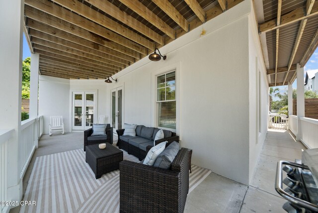 58 Hightide Way, Inlet Beach, FL 32413 - balcony with stairs, an outdoor living space, a patio, and a hot tub