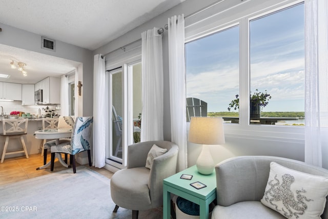 23223 Front Beach Rd Unit A704, Panama City Beach, FL 32413 - living area with a textured ceiling and a water view