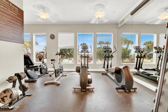 8715 Surf Dr Unit 304B, Panama City, FL 32408 - gym with a ceiling fan and crown molding