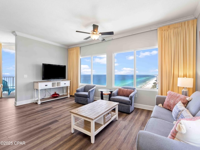 16819 Front Beach Rd Unit 2800, Panama City Beach, FL 32413 - living room featuring ornamental molding, a ceiling fan, healthy amount of natural light, and baseboards