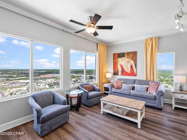 16819 Front Beach Rd Unit 2800, Panama City Beach, FL 32413 - living area with plenty of natural light, a ceiling fan, wood finished floors, and ornamental molding